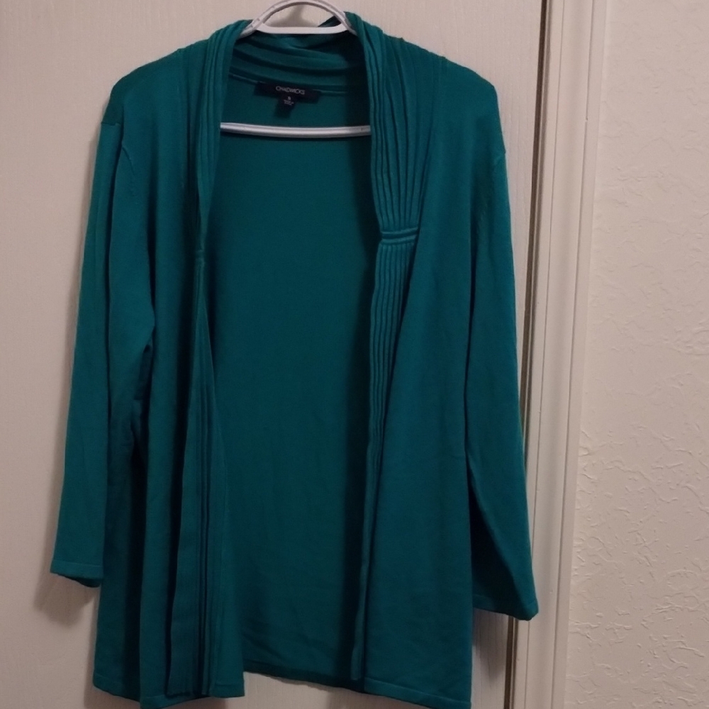Chico's Teal Open-Front Ribbed Collar Cardigan